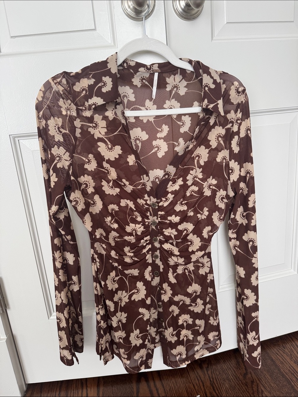 Free People Brown Floral Ruched Front Blouse